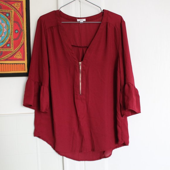 3/$20 Burgundy Blouse With Flared Sleeves & Zipper - Picture 2 of 9